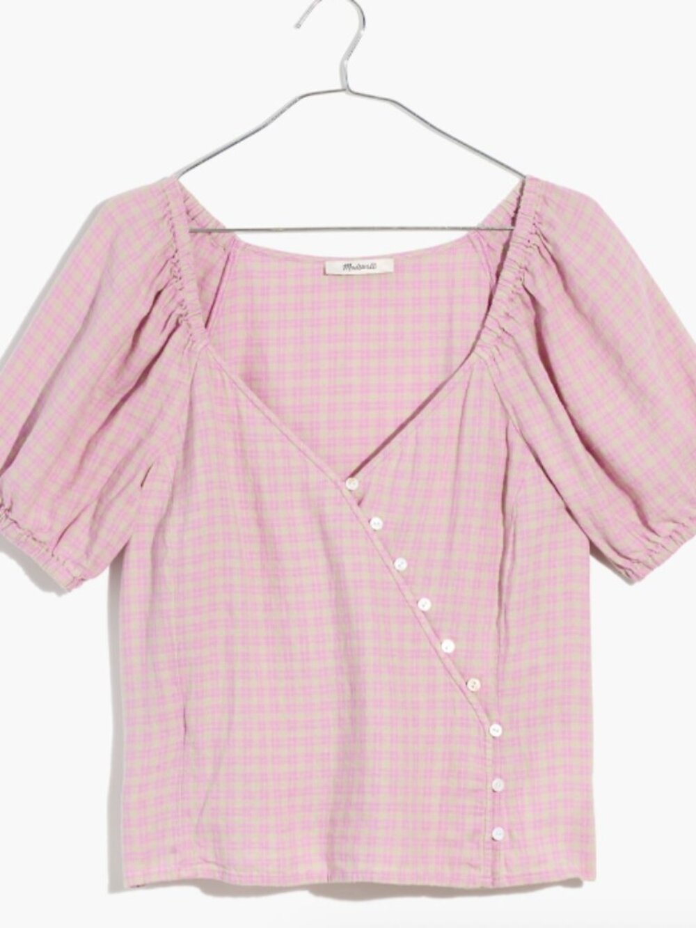 MADEWELL Linen-Blend Puff-Sleeve Button-Wrap Top in Plaid